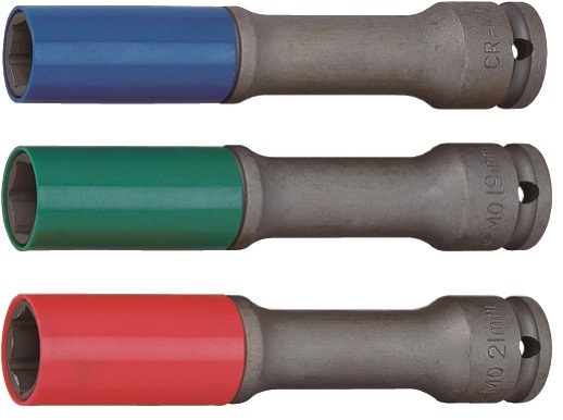 Nástrčné hlavice 1/2" prodloužené s krytkou na ALU pro rázové utahováky