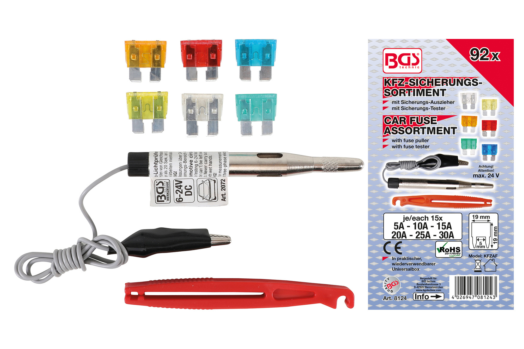 Pojistky nožové 5-30 A + Zkoušečka 6-24V 92 dílů - BGS 8124